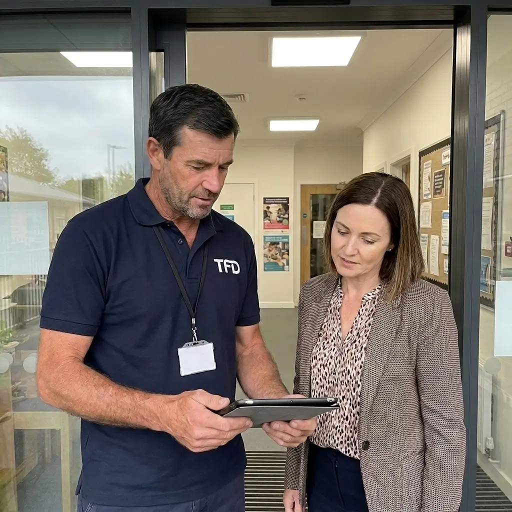 A TFD technician reviewing a site report on a tablet with a childcare centre manager at the entrance