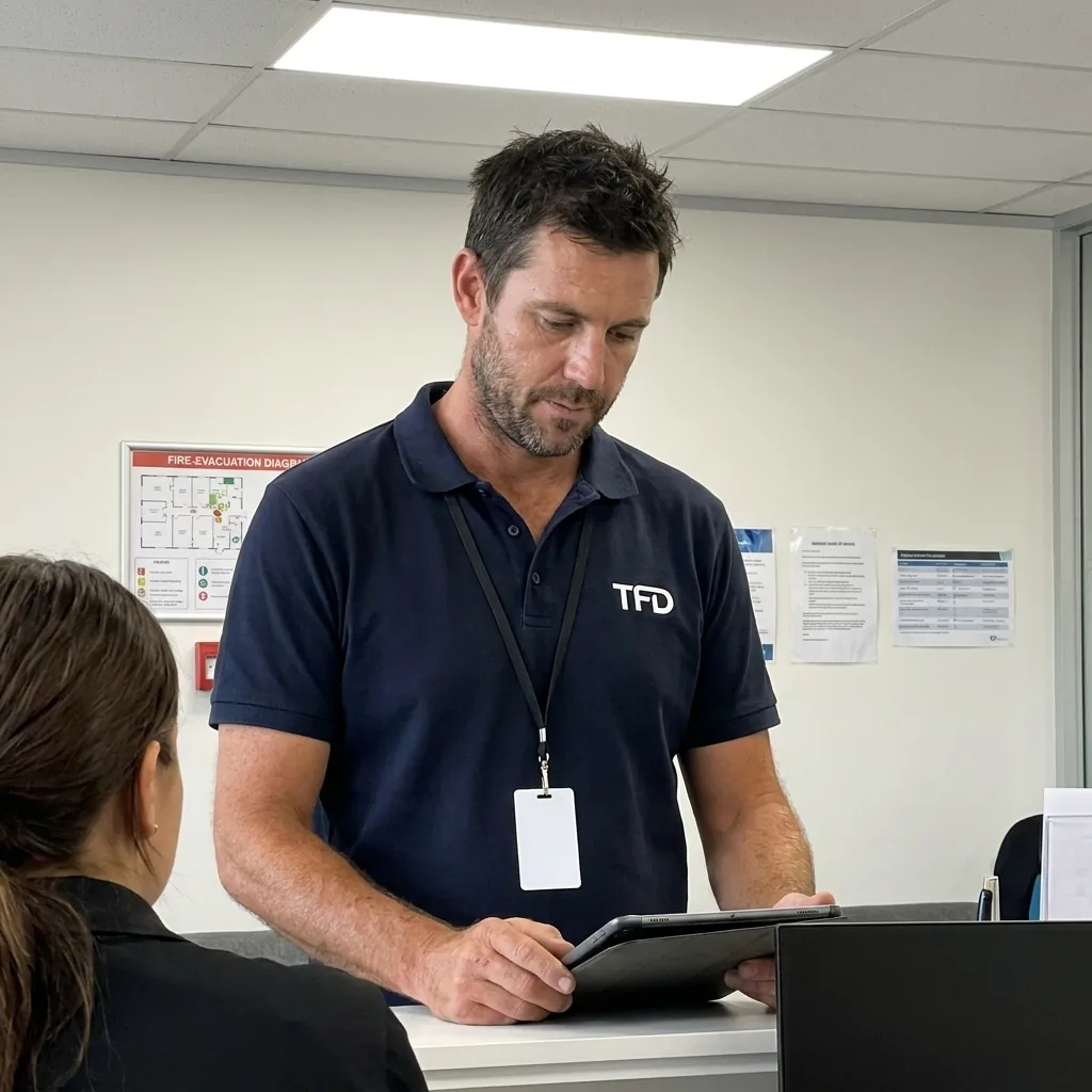 A TFD technician logging an inspection on a tablet at a centre reception desk